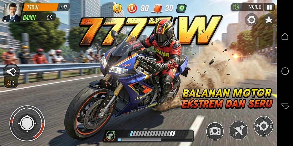 Screenshot gameplay 7777W menampilkan aksi balapan motor yang seru.