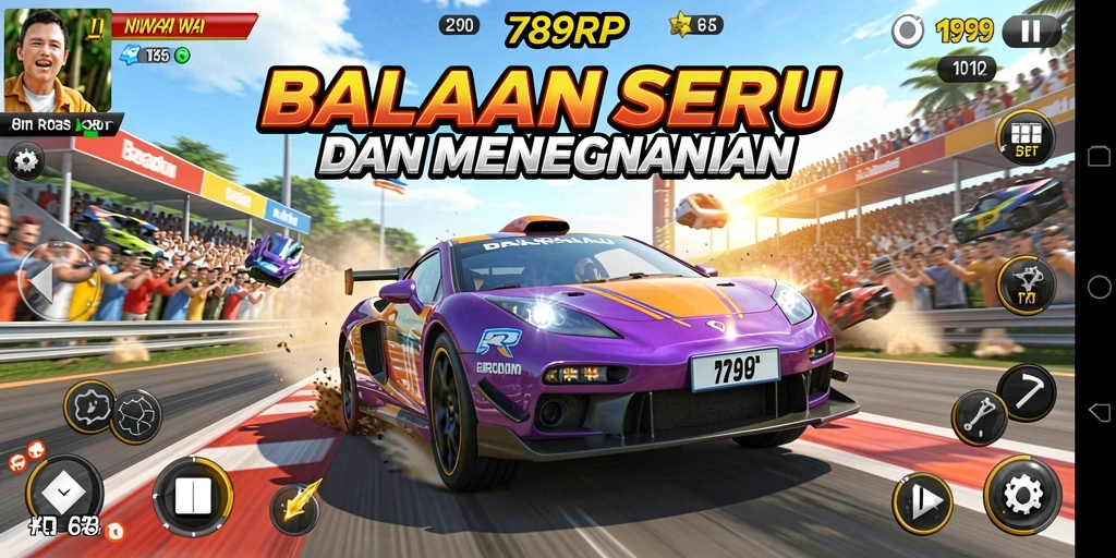 Gameplay Racing seru dengan trek menantang dan berbagai kendaraan.