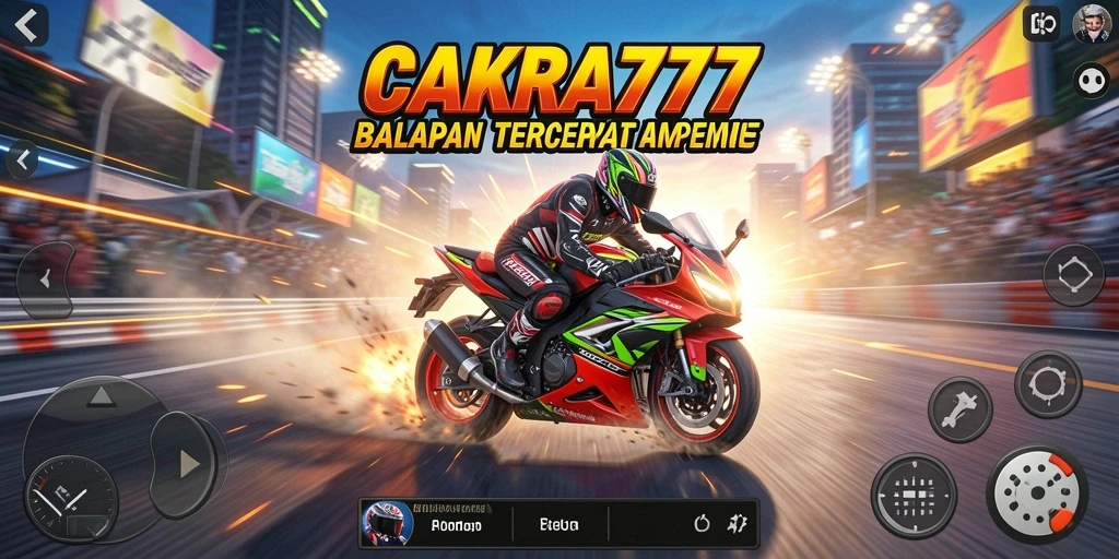 Screenshot gameplay CAKRA777 menampilkan balapan motor yang seru dan mendebarkan.