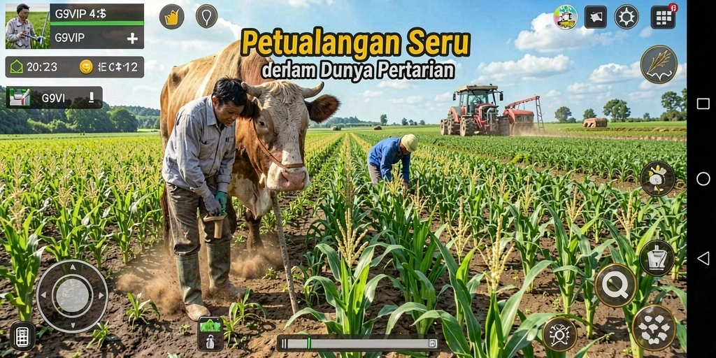 Screenshot gameplay G9VIP dengan aktivitas bertani yang seru.