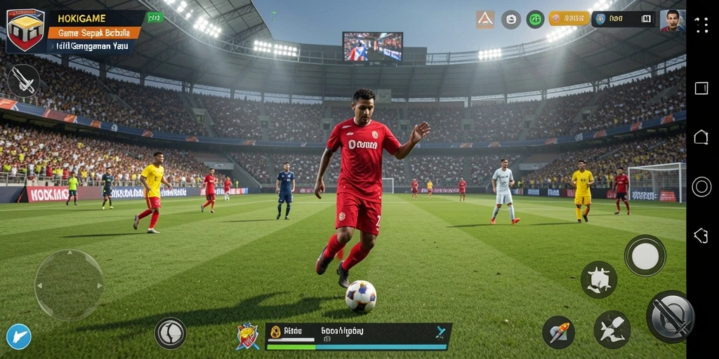 Gameplay HOKIGAME menampilkan aksi sepak bola yang mendebarkan.