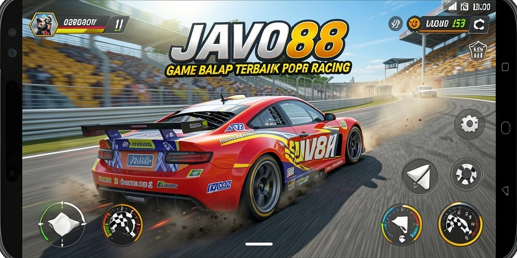 Screenshot dari gameplay <strong>JAVO88</strong> menunjukkan balapan yang mendebarkan dengan mobil cepat.