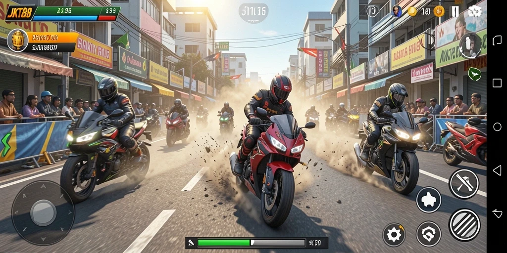 Screenshot JKT88 menampilkan aksi balap motor yang seru dan mendebarkan.