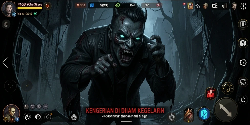 Screenshot gameplay MPO08 menampilkan suasana kegelapan yang menakutkan.
