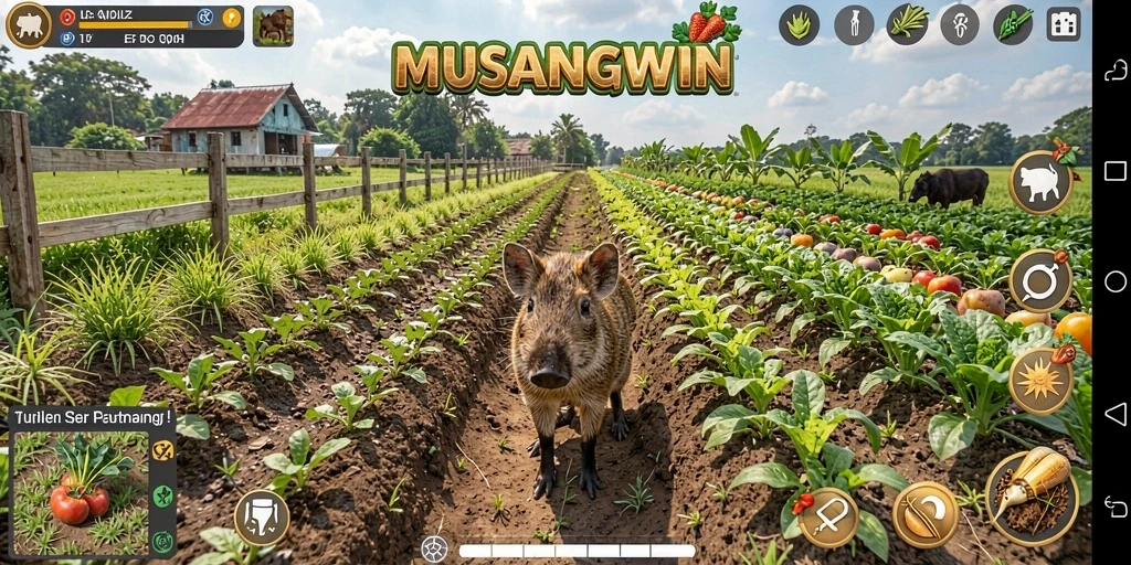 Tampilan gameplay MUSANGWIN dengan ladang yang subur dan hewan ternak.