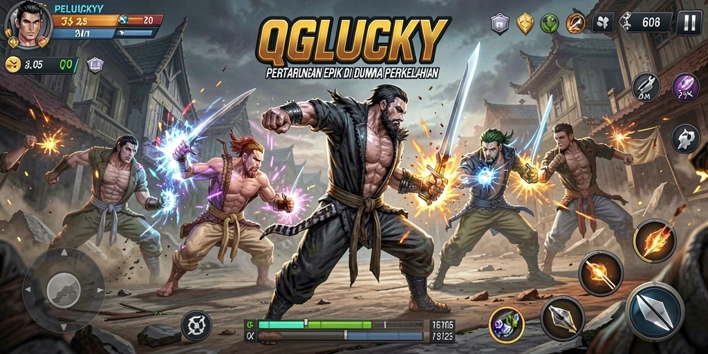 Screenshot QGLUCKY menunjukkan aksi pertarungan mendebarkan dengan karakter beragam.