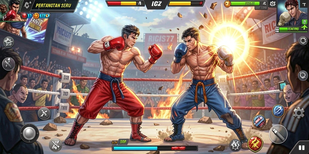 Tampilan gameplay RICIS77 dengan karakter Fighting yang epik.