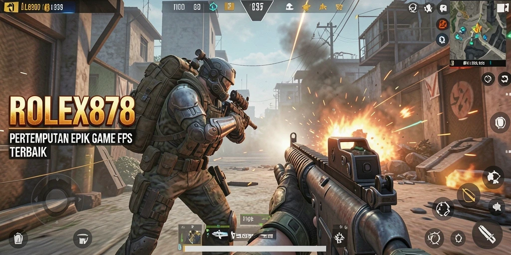 Tangkapan layar gameplay mendebarkan dari ROLEX878, menunjukkan aksi pertempuran FPS.